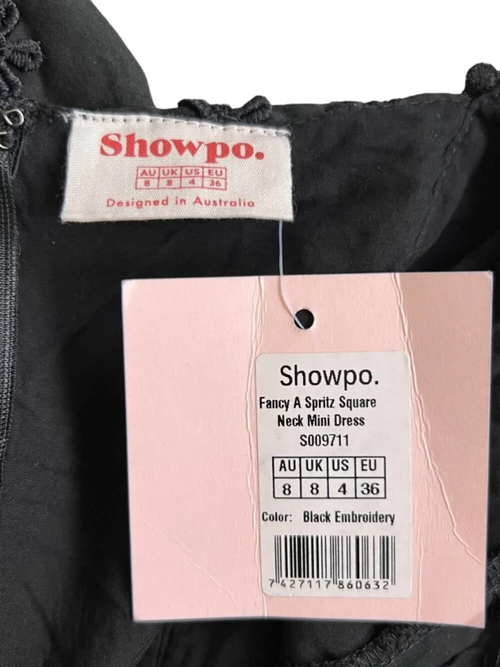 Showpo dress Fancy A Spritz Mini Square Neck Black Embroidery size 4 short - Picture 4 of 4